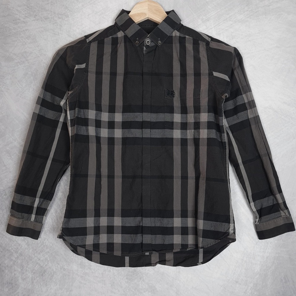 Burberry Kids Plaid Button Down Shirt in Black and Gray
